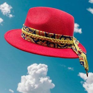 Custom Red Fedora with Gold Braid & Paisley Scarf Detail NWT